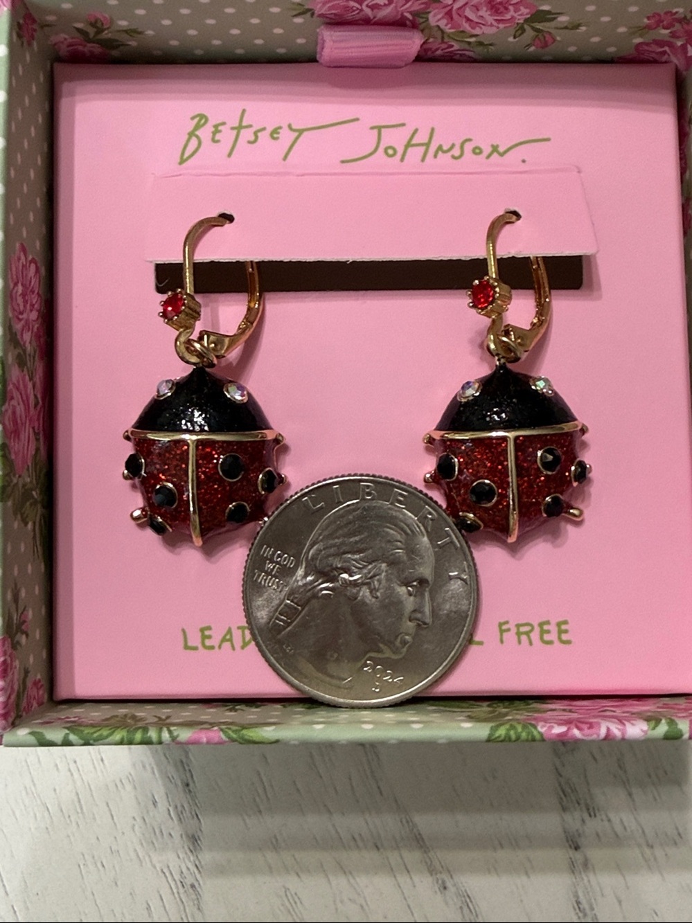 New Betsey johnson Gold-Tone Red and Black Ladybug Drop Earring - Picture 8 of 8